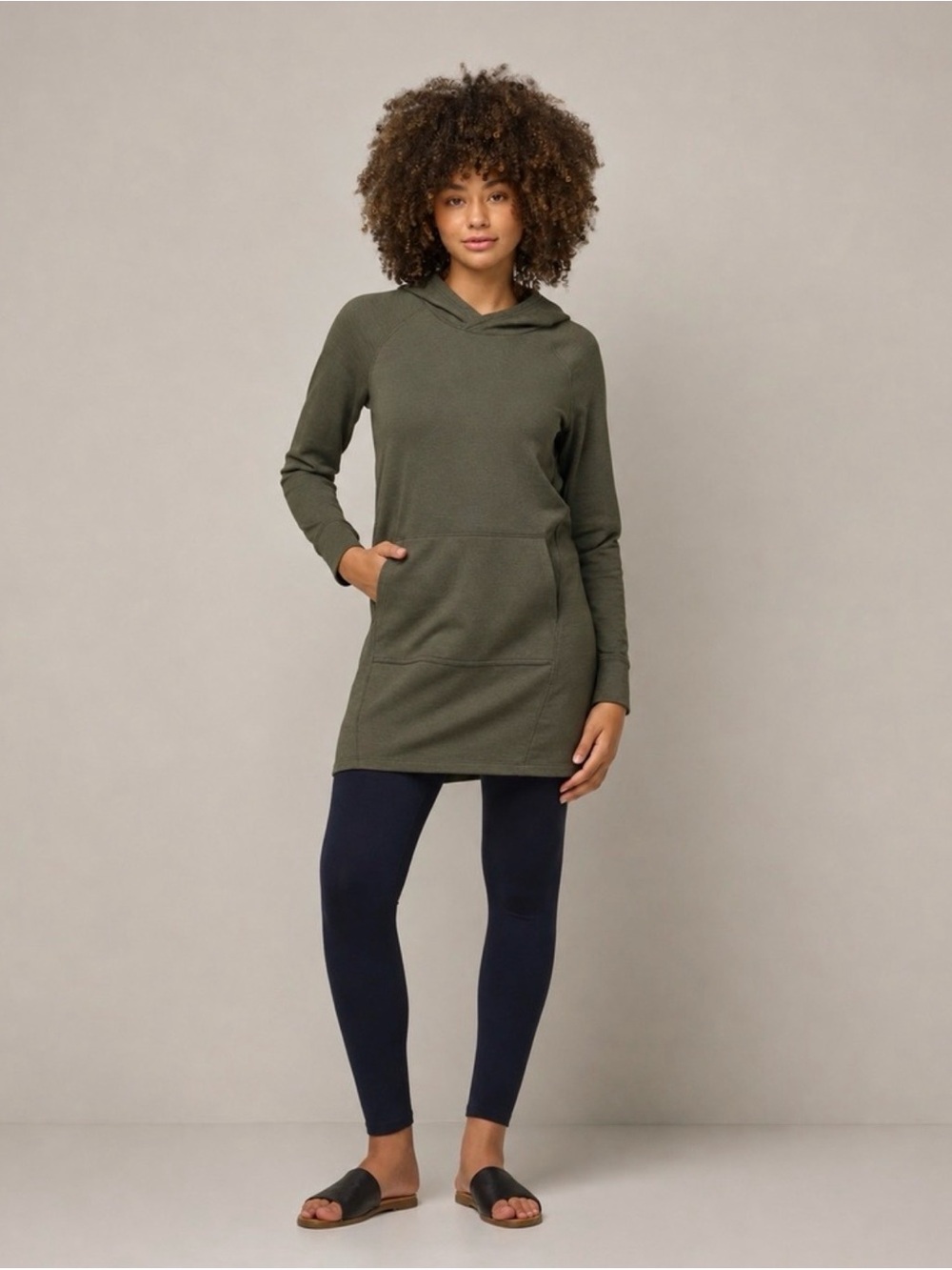 wool& Women Merino Wool Hoodie Tunic Everett Size L Olive Green Kangaroo Pocket